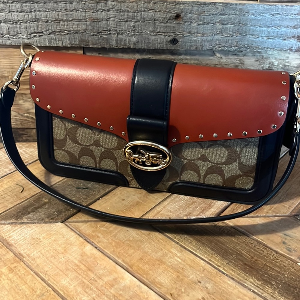 Coach Tabby Handbag, brown/black/gold, 11 inch, shoulder strap included